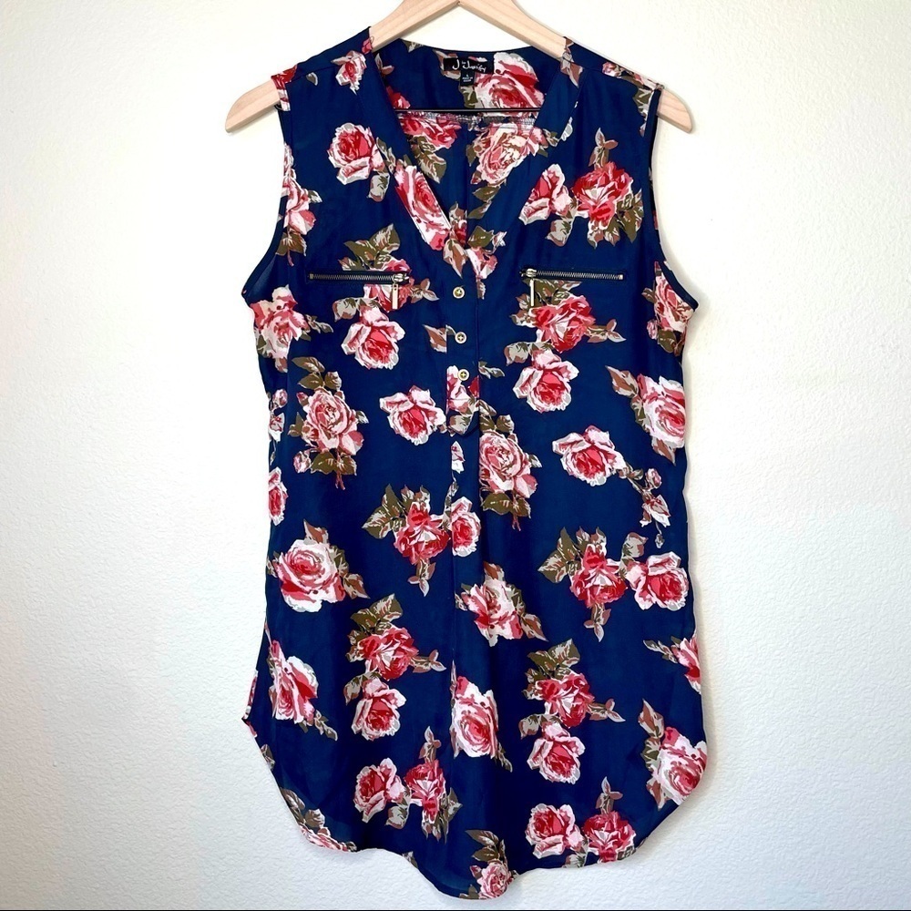 J for Justify Women’s Sleeveless Top Rose Print Detailing zippers Large Blue